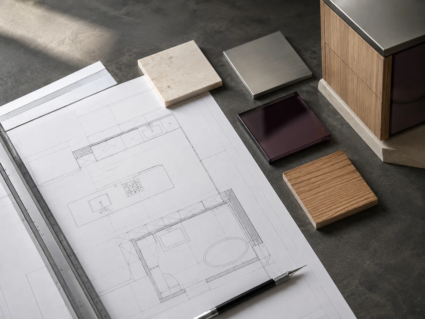 Planungstisch mit Grundriss, Lineal und Materialmustern